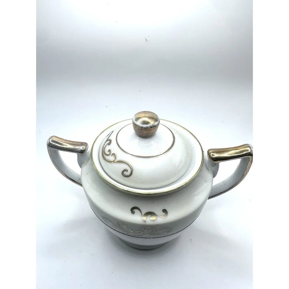 Vintage HANO Painted Japan Covered Sugar Bowl Gold Scroll Handles